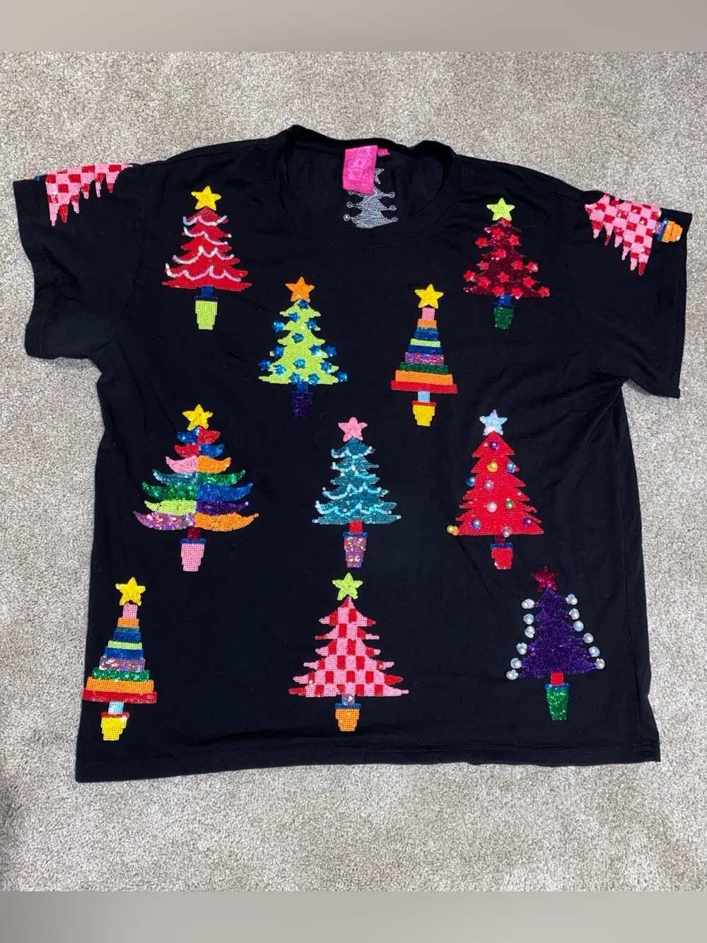 Queen Of Sparkles Black Color Block Tree Sequins Pearls Size L Rare Holidays